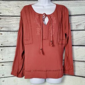Daniel Rainn Rust Boho Peasant Blouse XL Long Sleeve Tassel Tie Embroidered Rayo